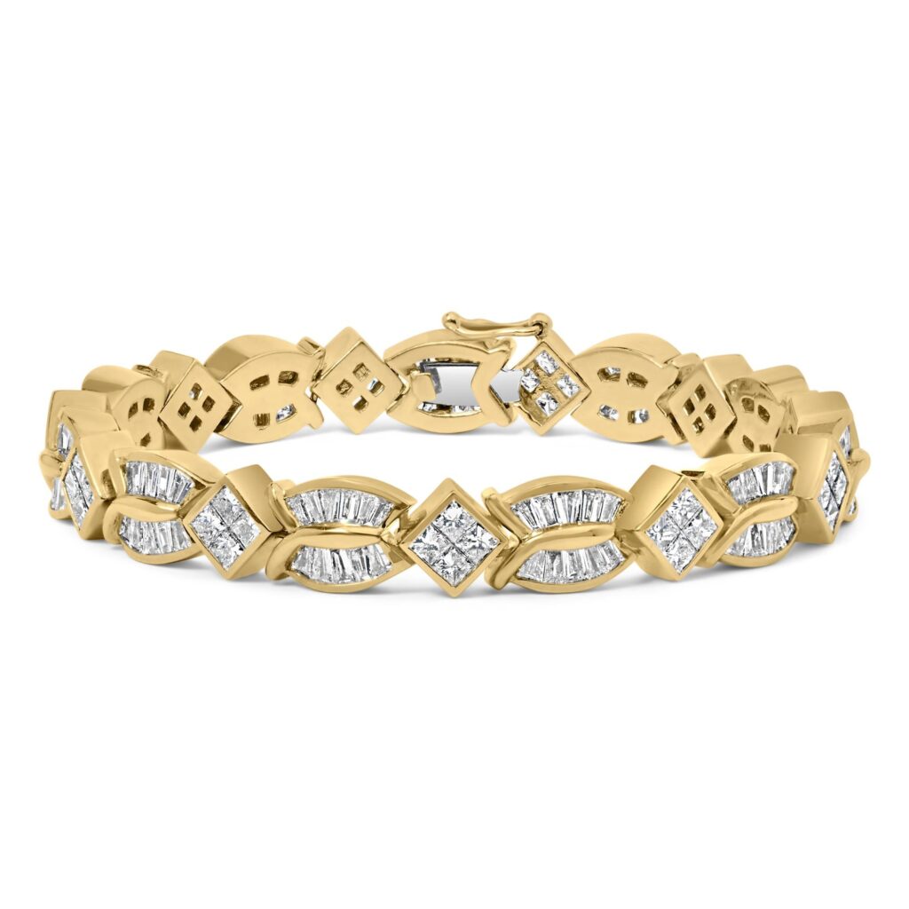 14K Yellow Gold 8 1/5 Cttw Baguette and Princess-Cut Diamond Geometric Twist Link Bracelet (G-H Color, VS1-VS2 Clarity) - Size 7"