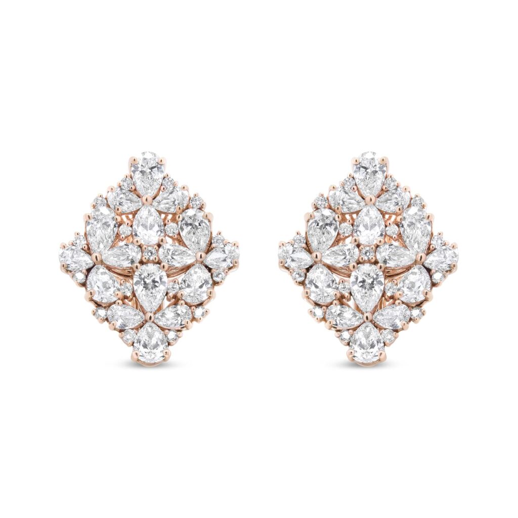 18K Rose Gold 8 1/3 Cttw Pear and Round Diamond Floral Cluster Omega Earrings (F-G Color, VS1-VS2 Clarity)