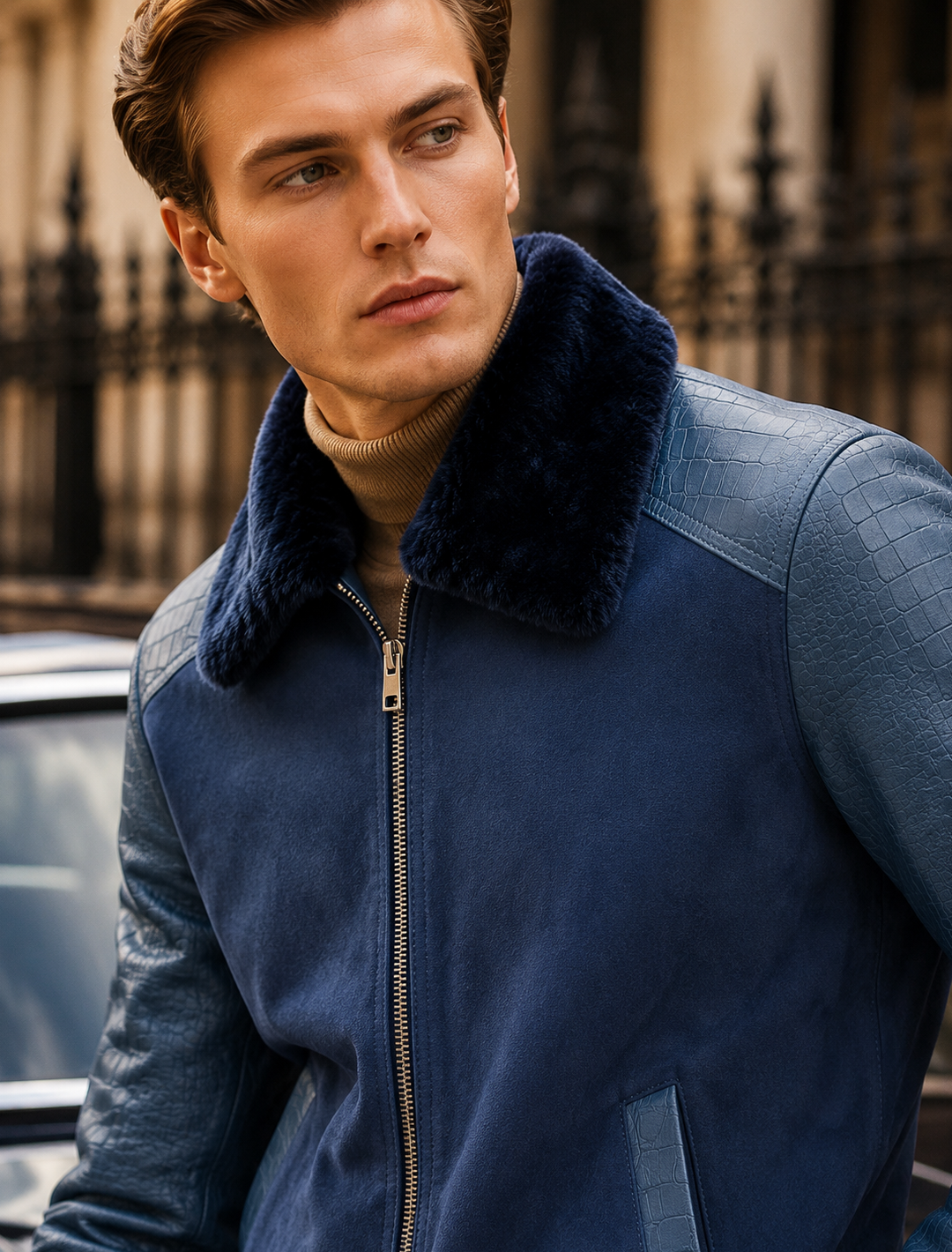 Navy Blue Croco Leather Aviator Jacket | Men's Shearling Collar Bomber Jacket