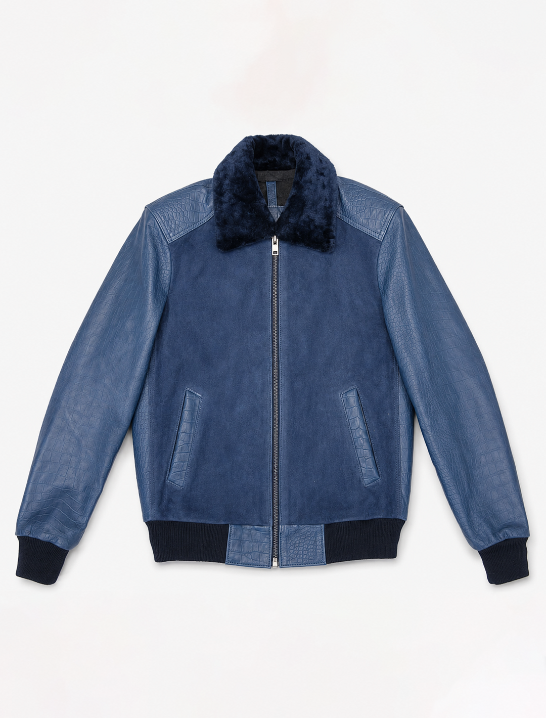 Navy Blue Croco Leather Aviator Jacket | Men's Shearling Collar Bomber Jacket