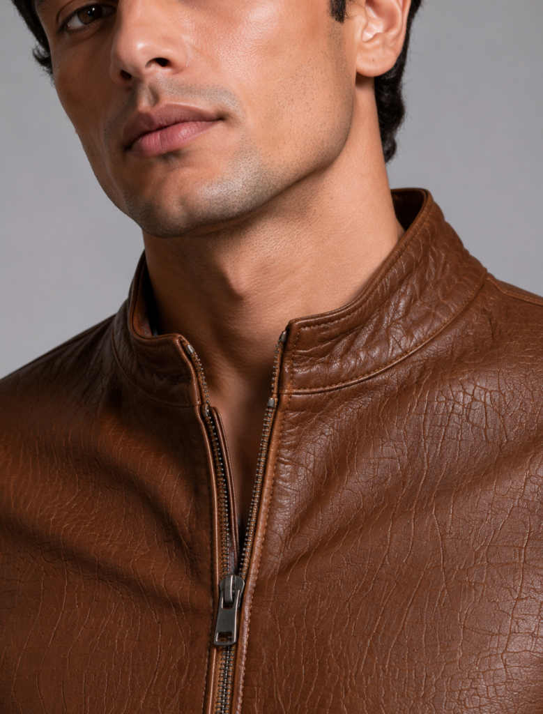 Classic Brown Croco-Embossed Leather Jacket | Men's Zip-Front Stand Collar Jacket