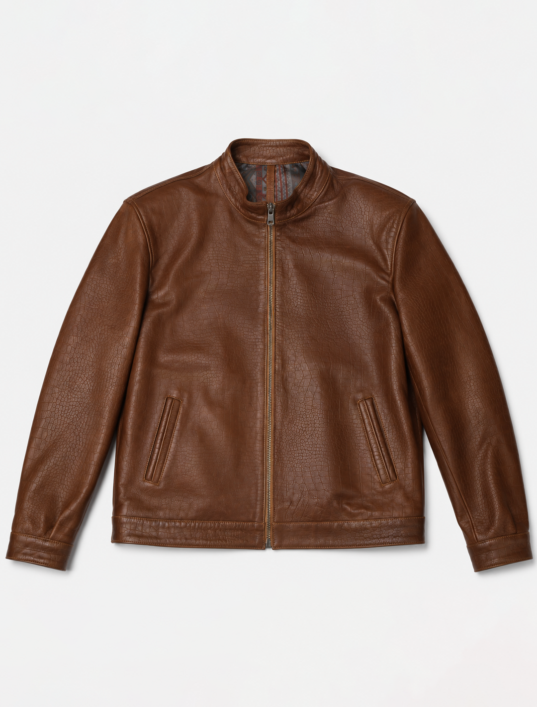 Classic Brown Croco-Embossed Leather Jacket | Men's Zip-Front Stand Collar Jacket