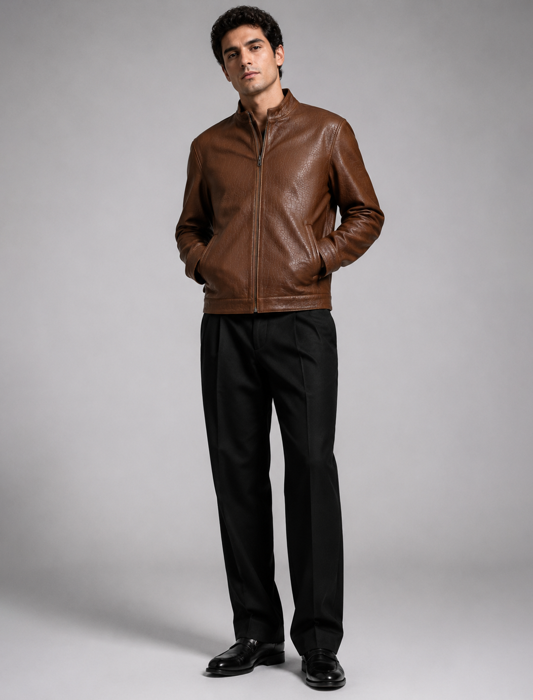 Classic Brown Croco-Embossed Leather Jacket | Men's Zip-Front Stand Collar Jacket