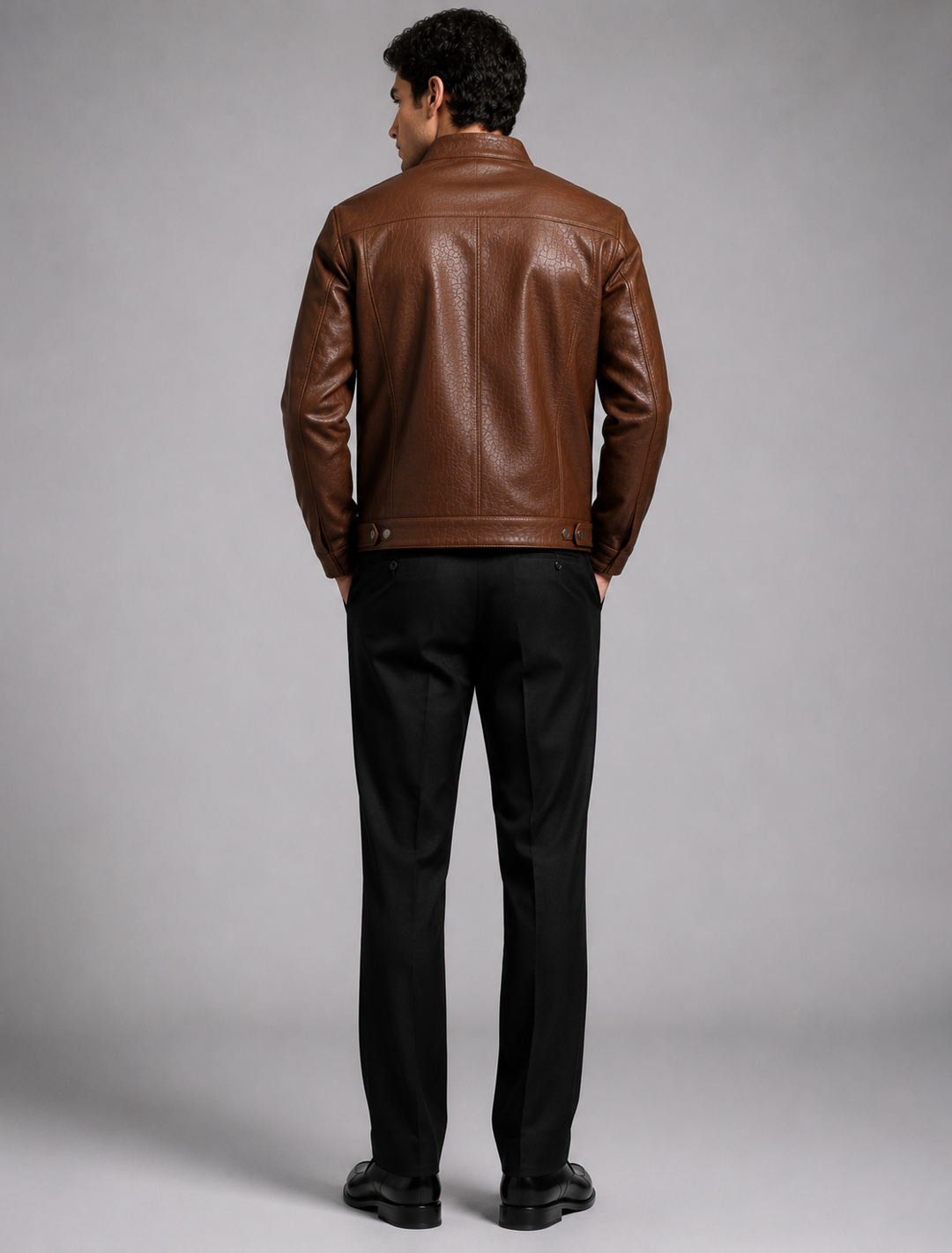 Classic Brown Croco-Embossed Leather Jacket | Men's Zip-Front Stand Collar Jacket