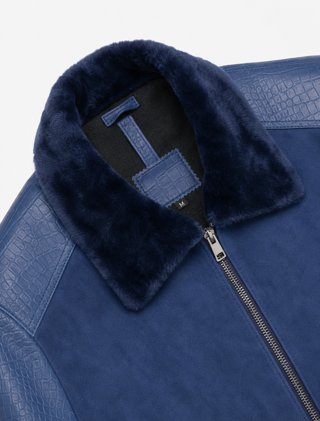 Navy Blue Croco Leather Aviator Jacket | Men's Shearling Collar Bomber Jacket
