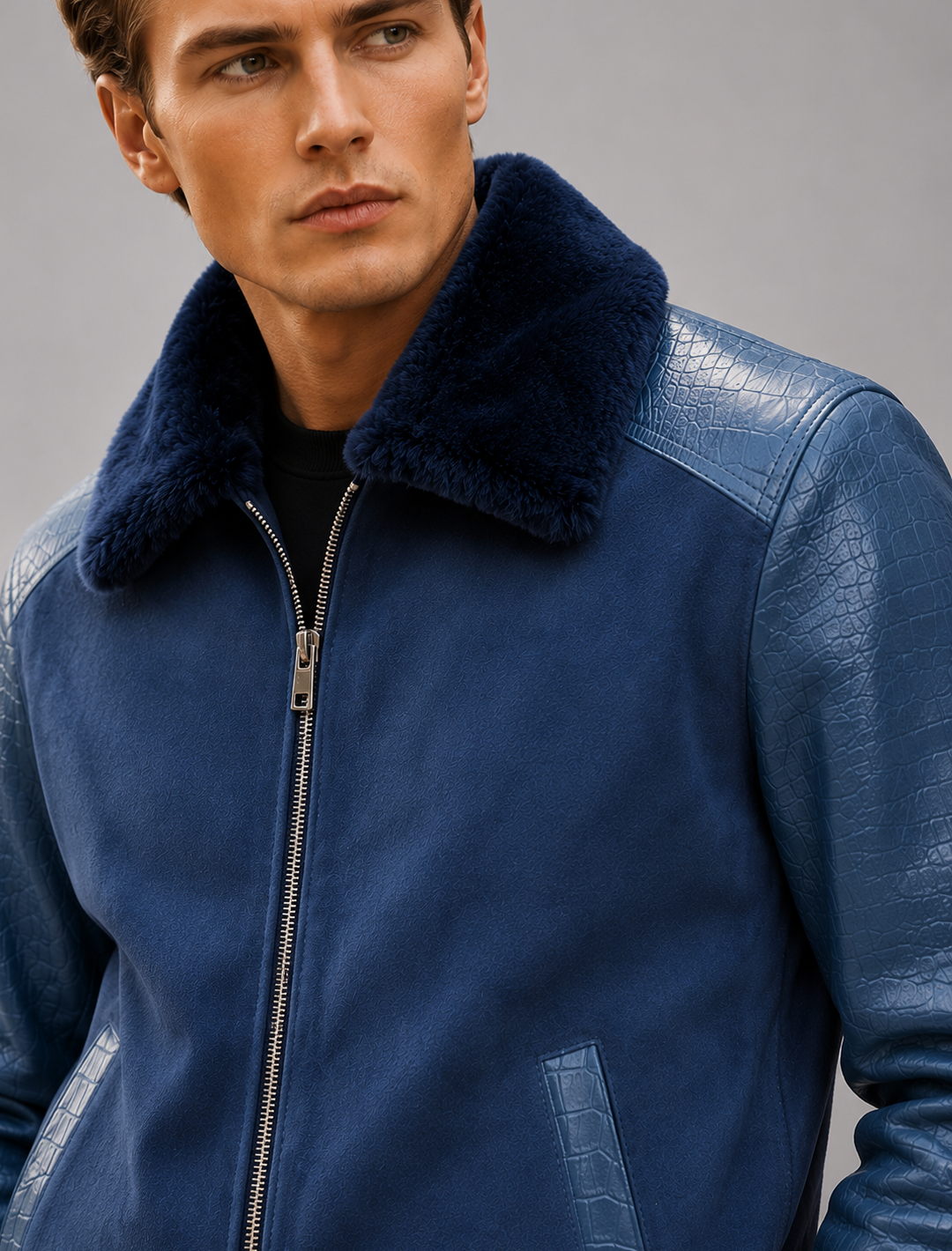 Navy Blue Croco Leather Aviator Jacket | Men's Shearling Collar Bomber Jacket